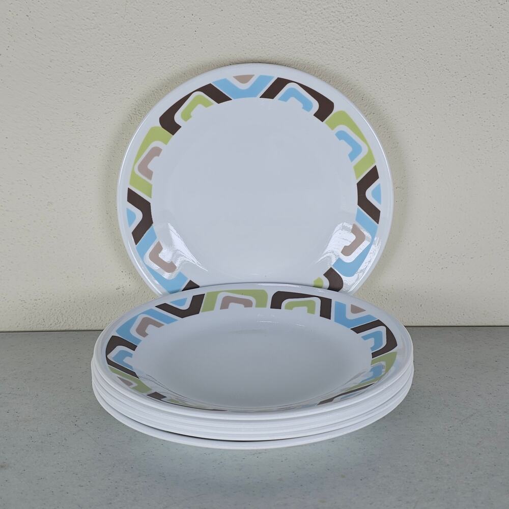 6 CORELLE ~6.75 BREAD SIDE PLATES 'SQUARED' BLUE BROWN GREEN SQUARES ON WHITE
